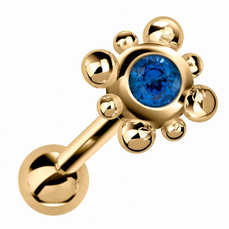 14k yellow gold beaded bezel cartilage stud with blue sapphire gemstone, angled product view