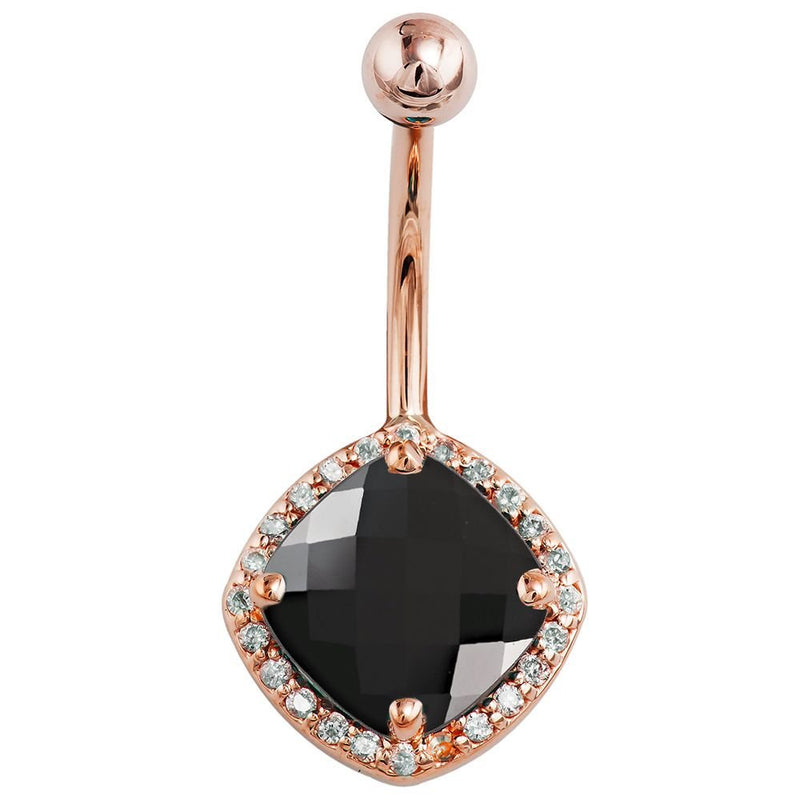 14k rose gold black onyx belly ring with cushion-cut diamond halo setting, front view on white