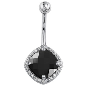 14k white gold belly ring with cushion-cut black onyx and diamond halo, front view on white