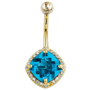 14k yellow gold belly ring with cushion-cut Swiss blue topaz and diamond halo, front view