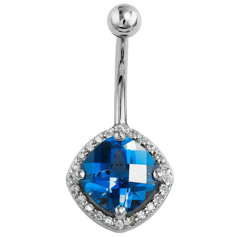 14k white gold belly ring featuring cushion-cut London blue topaz surrounded by 24 prong-set diamonds