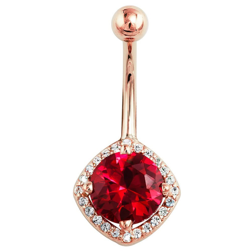 14k rose gold garnet navel ring with cushion diamond halo, front view on white background