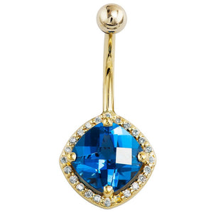 14k yellow gold belly ring with checkerboard-cut London blue topaz and diamond halo, front view
