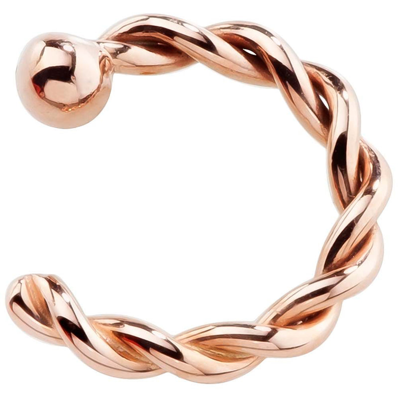 14K rose gold twisted c-hoop nose ring with ball end, front view highlighting warm gold tone