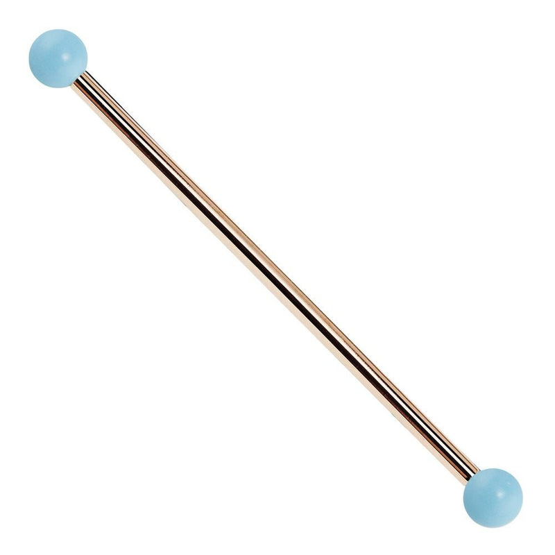14K rose gold industrial barbell with simulated turquoise ball ends, 14G warm-toned straight barbell