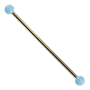 14K yellow gold industrial barbell with simulated turquoise ball ends, 14G straight barbell front view