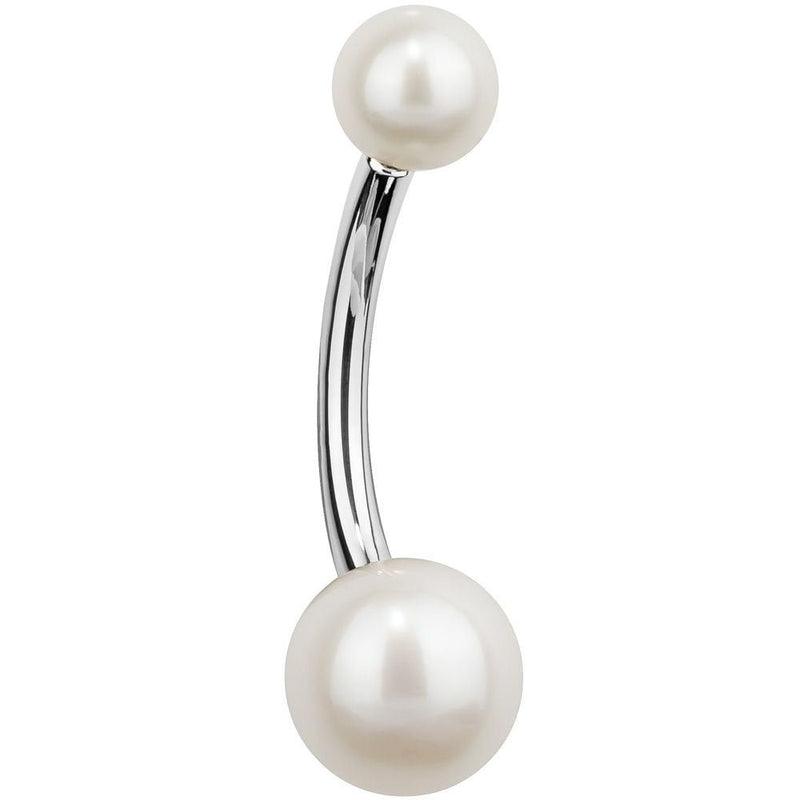 14k white gold cultured pearl belly ring with 6mm bottom and 4mm top pearl, front view