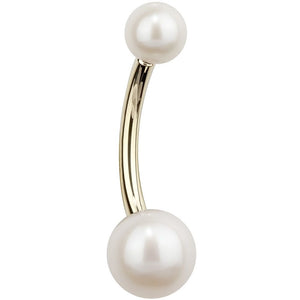 14k yellow gold cultured pearl belly ring with 6mm bottom and 4mm top white pearl, side view