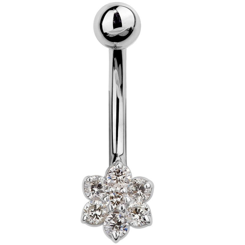 14k white gold CZ flower navel ring with 7 sparkling round CZ stones, front view on white background