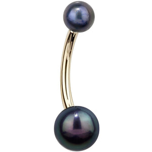 14k yellow gold belly ring with dual iridescent peacock pearls, angled front view