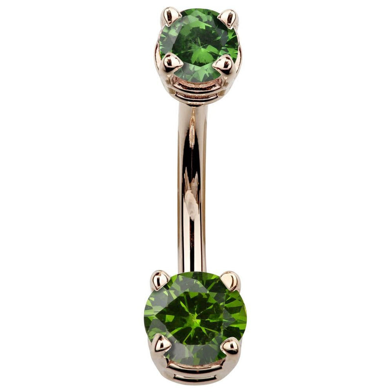 14k rose gold navel ring with dark green CZ stones in claw prong settings, front view