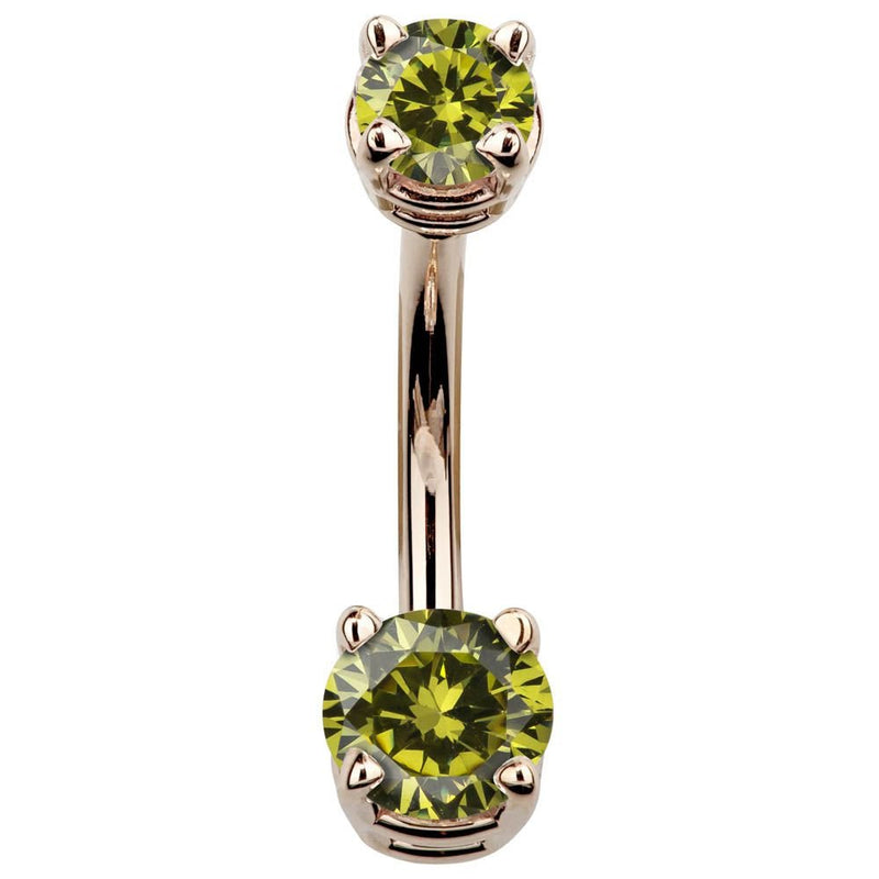 14k rose gold belly button ring with light green peridot-toned CZ stones in prong settings