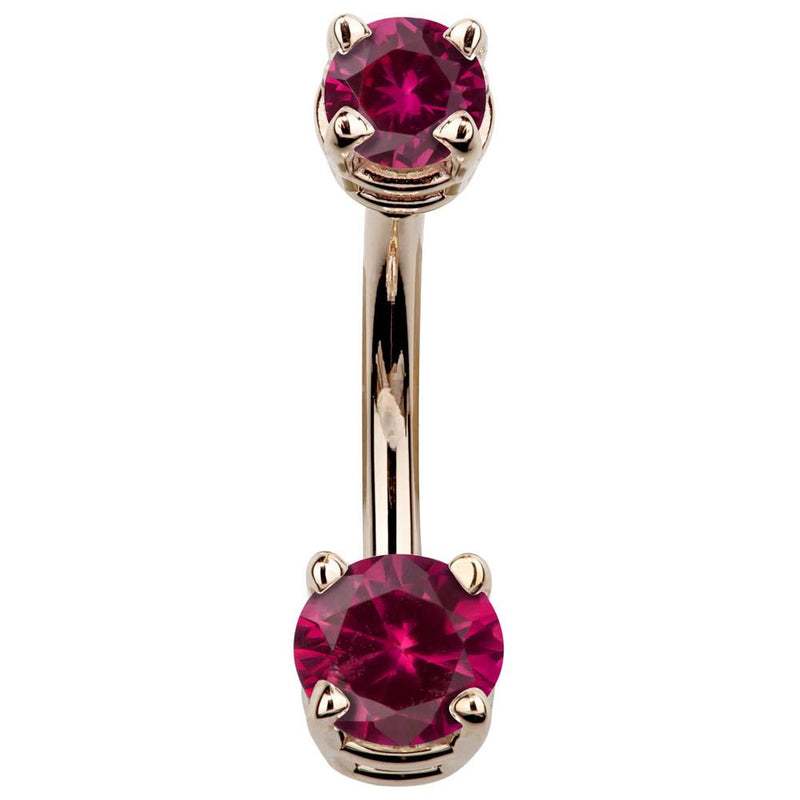 14k rose gold navel ring featuring bold red round-cut CZ stones in claw settings, front view