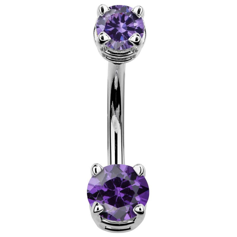 14k white gold navel ring with two purple round-cut CZ stones in claw prong settings, front view