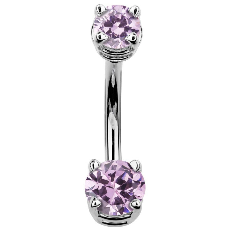 14k white gold belly button ring with soft pink CZ stones in claw prong settings, front view