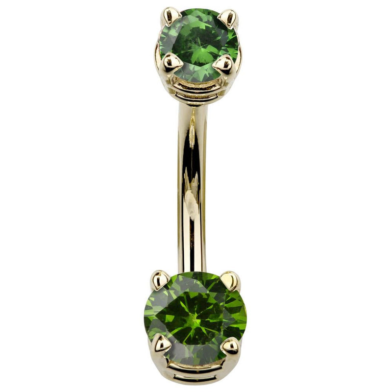 14k yellow gold belly button ring with dark green round CZ gems in claw settings, front view