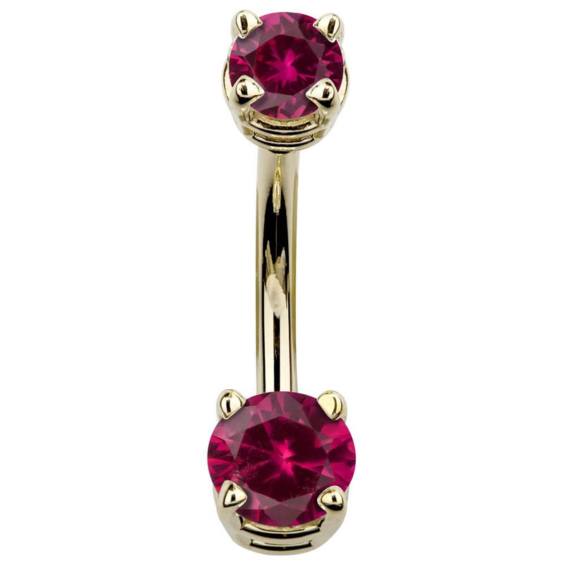 14k yellow gold navel ring with bold red CZ stones in prong settings, front view