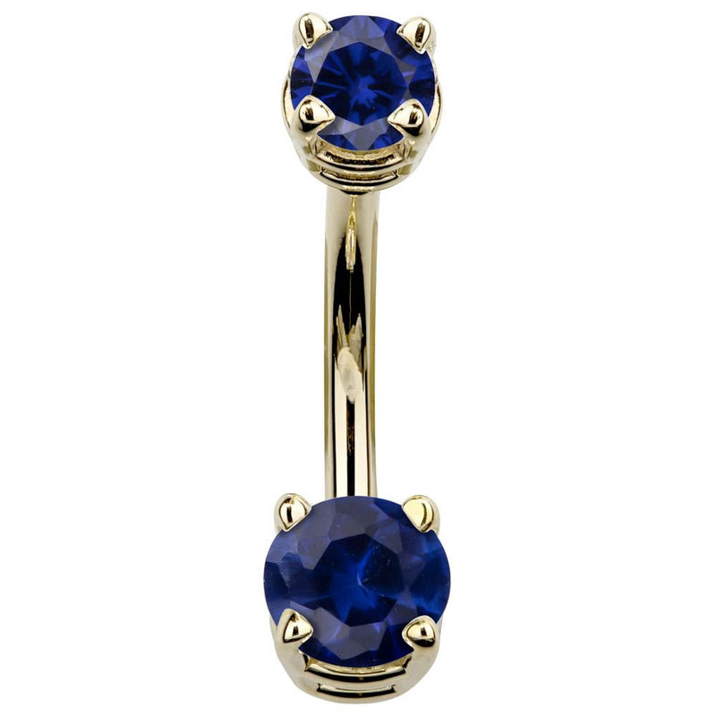 14k yellow gold double CZ belly ring with deep blue sapphire-toned stones in prong settings
