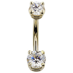14k yellow gold double CZ belly ring with clear round-cut stones in prong settings, front view