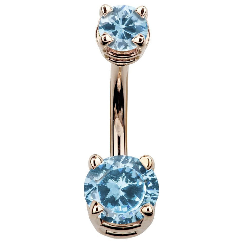 14k rose gold double CZ belly ring with light blue aquamarine-toned cubic zirconia, front view
