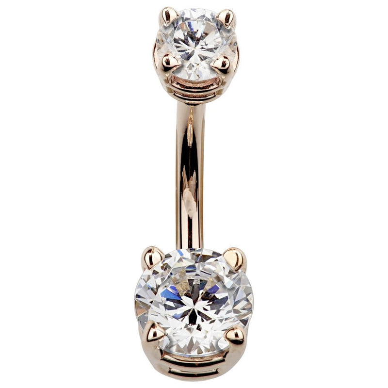 14k rose gold double CZ belly ring with clear round-cut cubic zirconia gems, front view