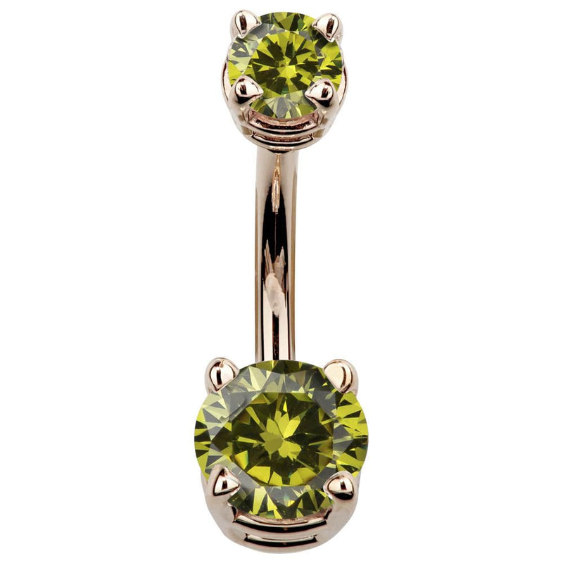 14k rose gold double CZ belly ring with light green peridot-toned cubic zirconia, front view