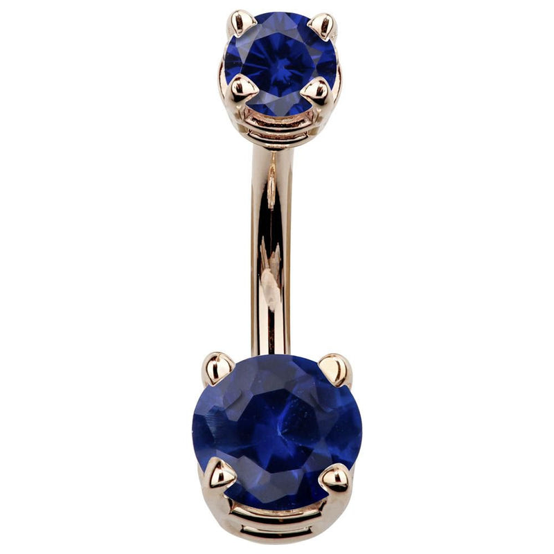 14k rose gold double CZ belly ring with dark blue sapphire cubic zirconia, front view