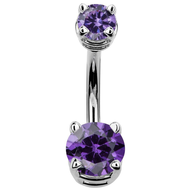 14k white gold double CZ navel ring with purple amethyst-toned round cubic zirconia, front view