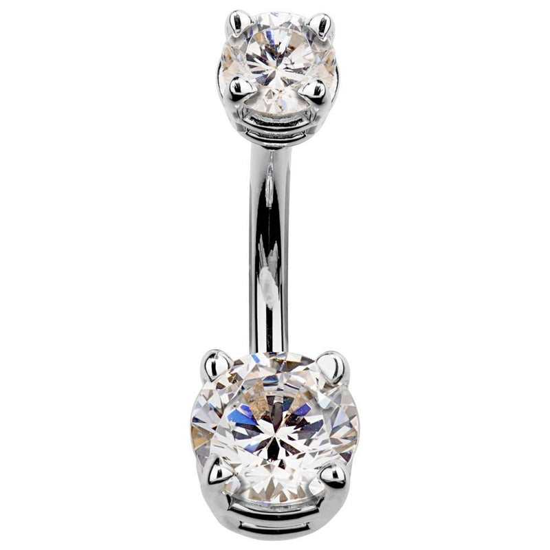 14k white gold double CZ belly ring with clear sparkling cubic zirconia, front view on white
