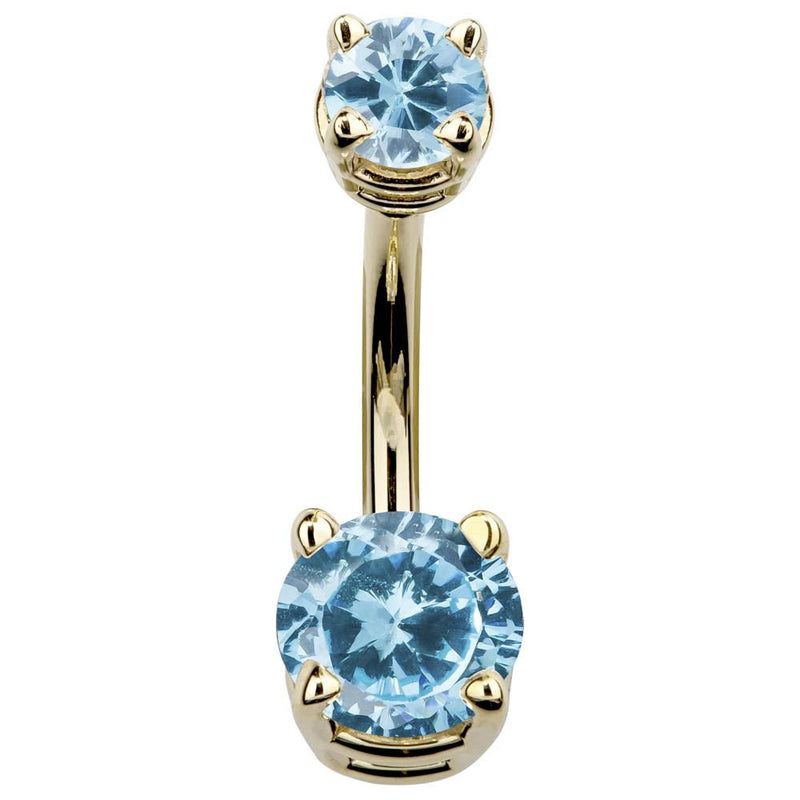 14k yellow gold double CZ belly ring with light blue aquamarine cubic zirconia, front view