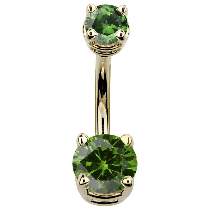 14k yellow gold double CZ belly ring with dark green round cubic zirconia, front view