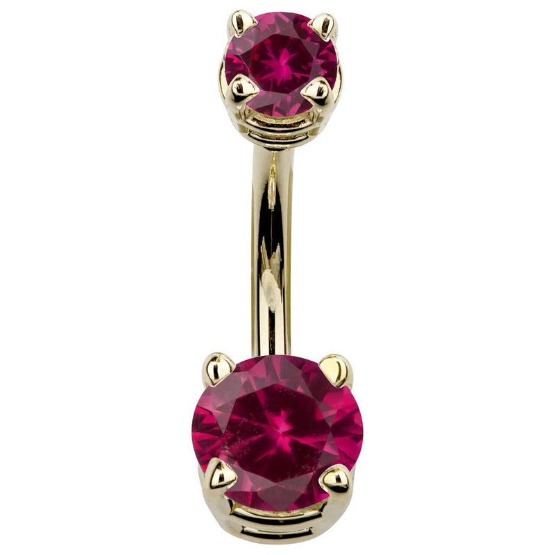 14k yellow gold double CZ belly ring with vibrant red ruby-toned cubic zirconia, front view
