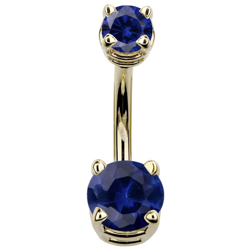 14k yellow gold double CZ navel ring with deep blue sapphire-toned cubic zirconia, front view