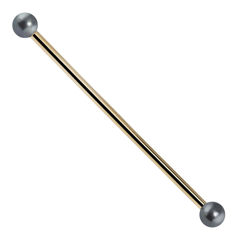 14K yellow gold industrial barbell with dual cultured peacock pearl ends, front view