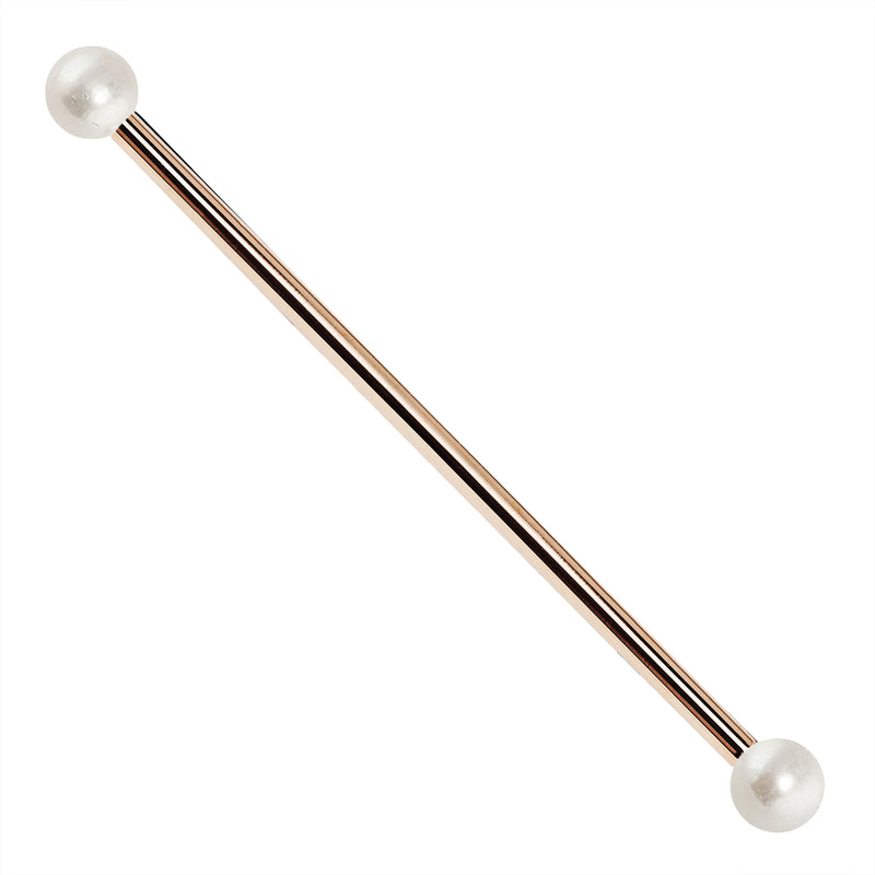 14G cultured freshwater pearl 14K rose gold industrial barbell with warm pink-gold straight bar