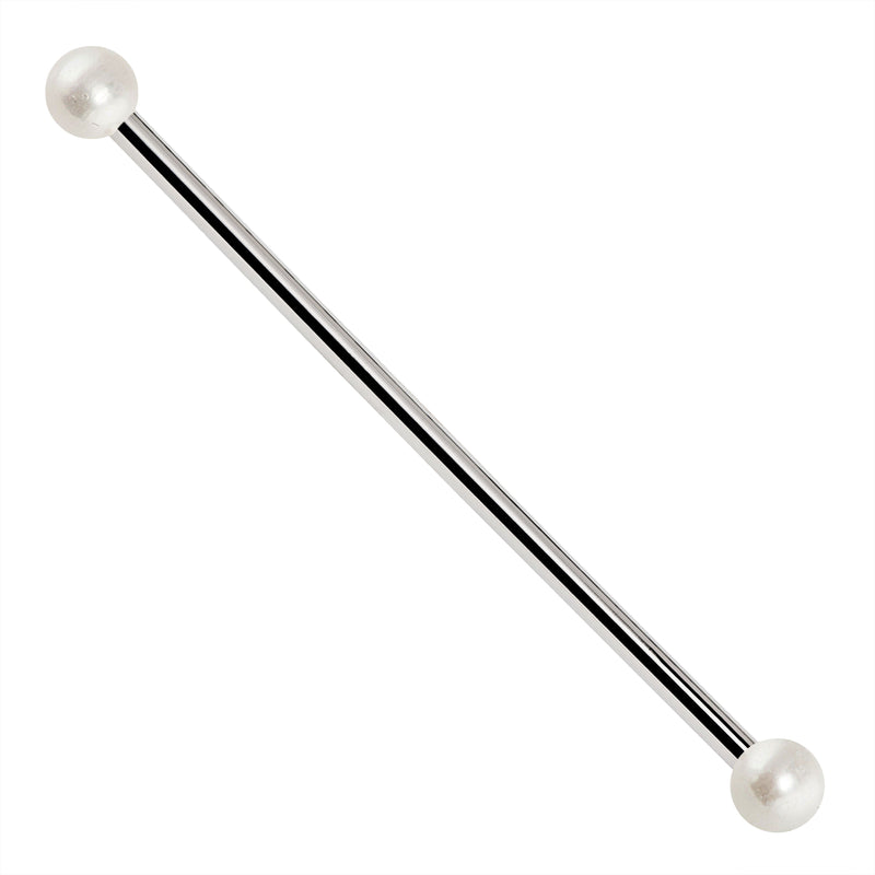 14G cultured freshwater pearl 14K white gold industrial barbell with polished silver-tone finish