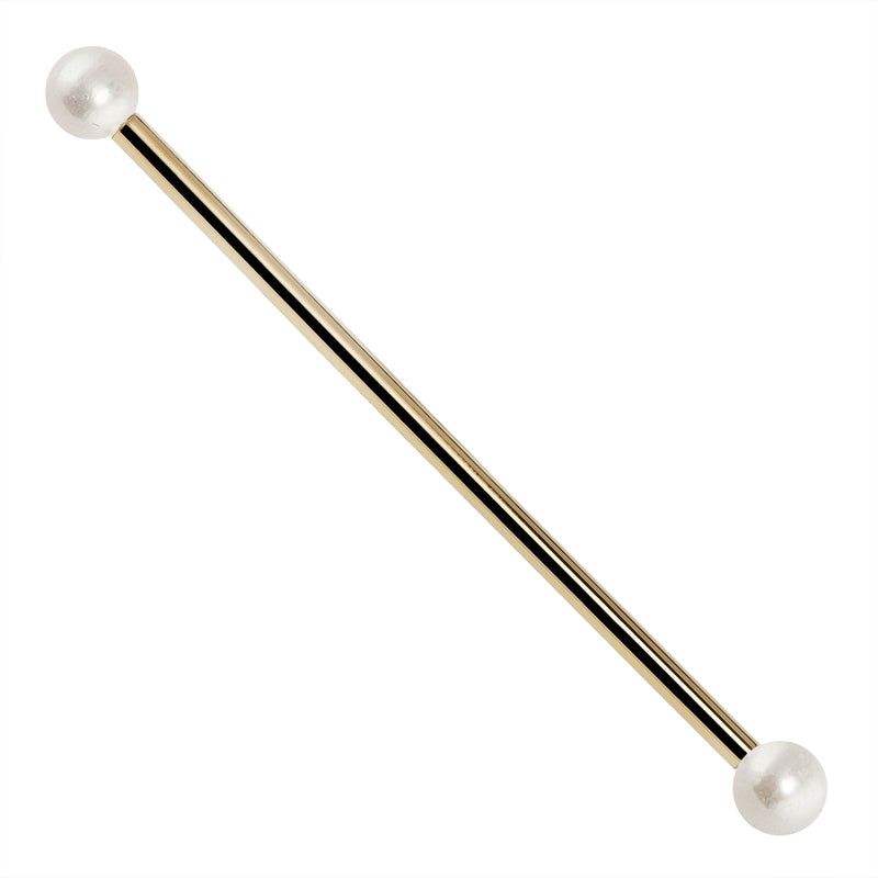 14G cultured freshwater pearl 14K yellow gold industrial barbell, full-length front view
