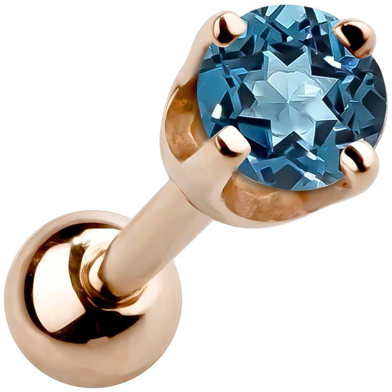 14k rose gold 2mm topaz cartilage stud with teal blue stone in high-set four-prong basket setting