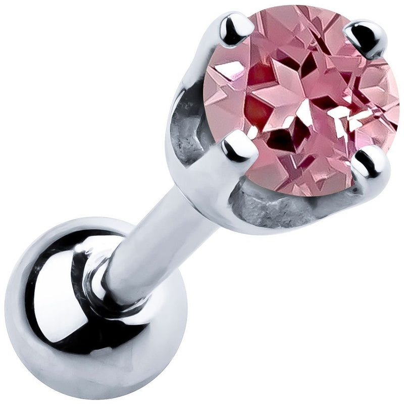 14k white gold 2mm tourmaline cartilage stud with rosy pink stone in high-set four-prong basket setting