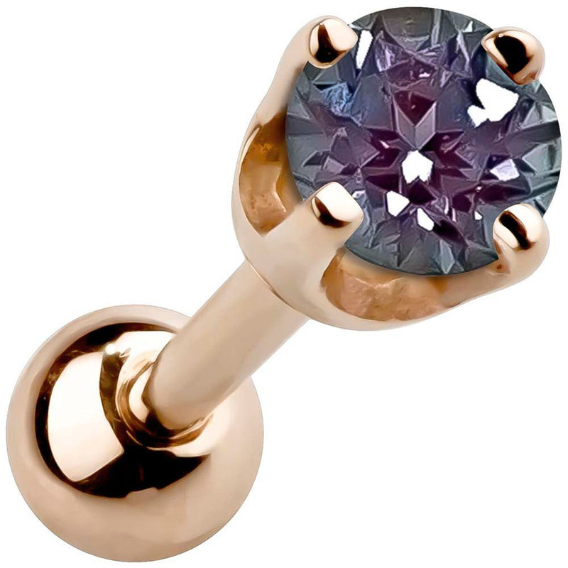 14k rose gold 2mm color-shift gemstone cartilage stud with four-prong basket setting, angled view
