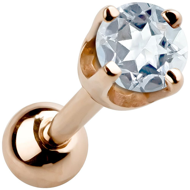 14k rose gold 2mm aquamarine cartilage stud with pale blue stone in high-set four-prong basket setting