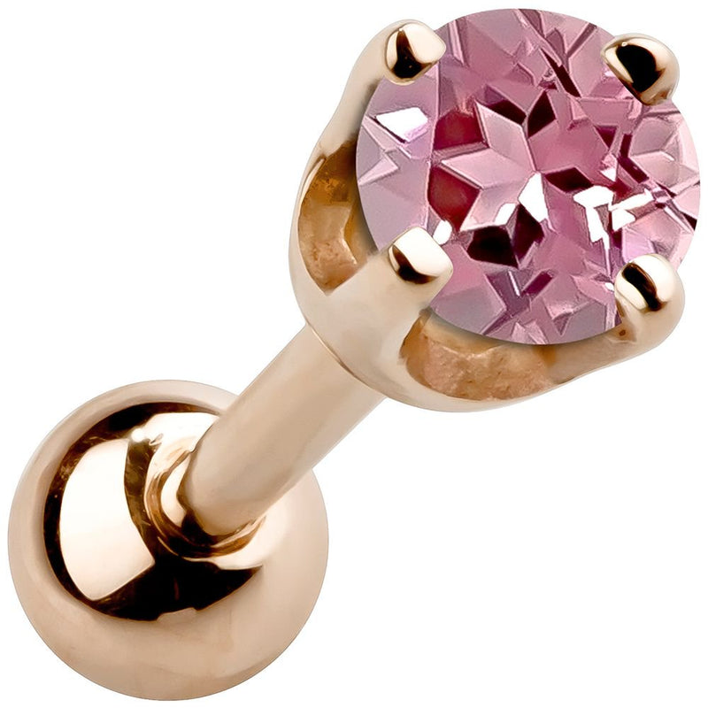 14k rose gold 2mm tourmaline cartilage stud with soft pink stone in high-set four-prong basket setting