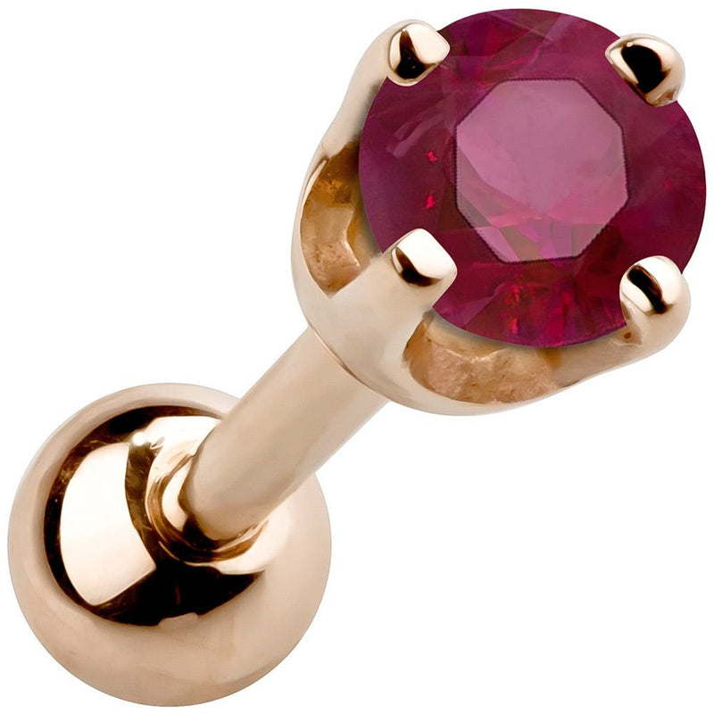 14k rose gold 2mm ruby cartilage stud with deep red stone in high-set four-prong basket setting