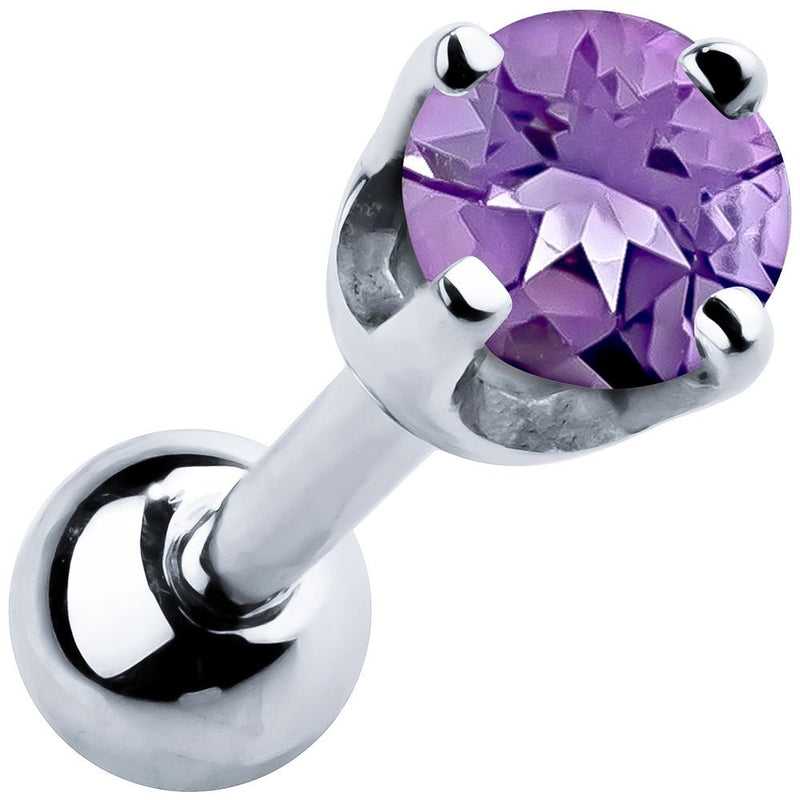 14k white gold 2mm amethyst cartilage stud with purple stone in high-set four-prong basket setting