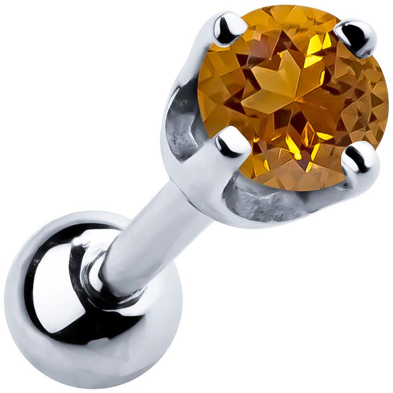 14k white gold 2mm citrine cartilage stud with golden amber stone in high-set four-prong basket setting