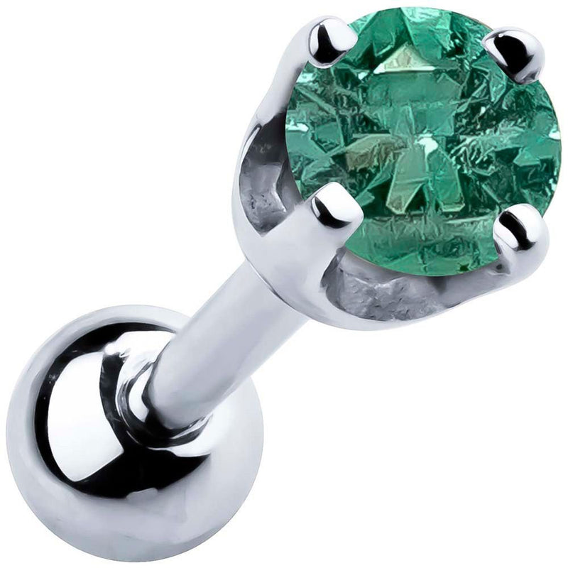 14k white gold 2mm emerald cartilage stud with vivid green stone in high-set four-prong basket setting