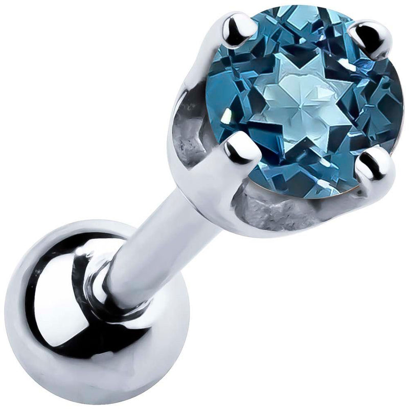 14k white gold 2mm topaz cartilage stud with teal blue stone in high-set four-prong basket setting