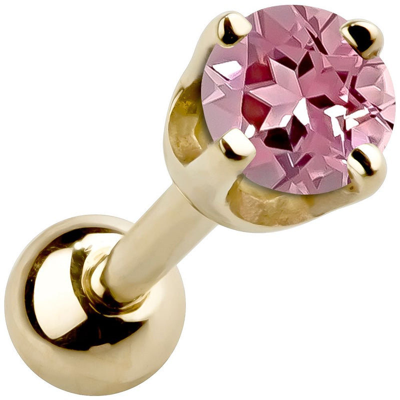 14k yellow gold 2mm tourmaline cartilage stud with pink stone in high-set four-prong basket setting