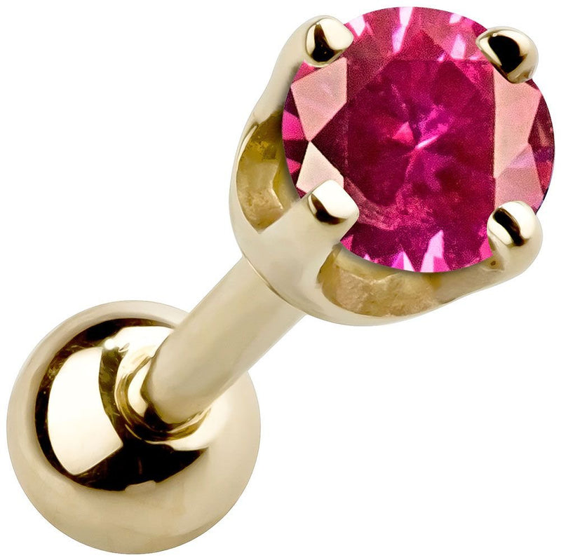 14k yellow gold 2mm garnet cartilage stud with vivid pink-red stone in high-set four-prong basket setting