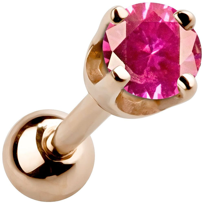 14k rose gold 2mm garnet cartilage stud with deep pink-red stone in high-set four-prong basket setting